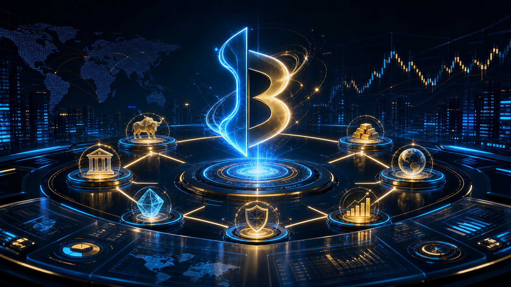 Futuristic BitBullers broker network command center with glowing business guidance pathways