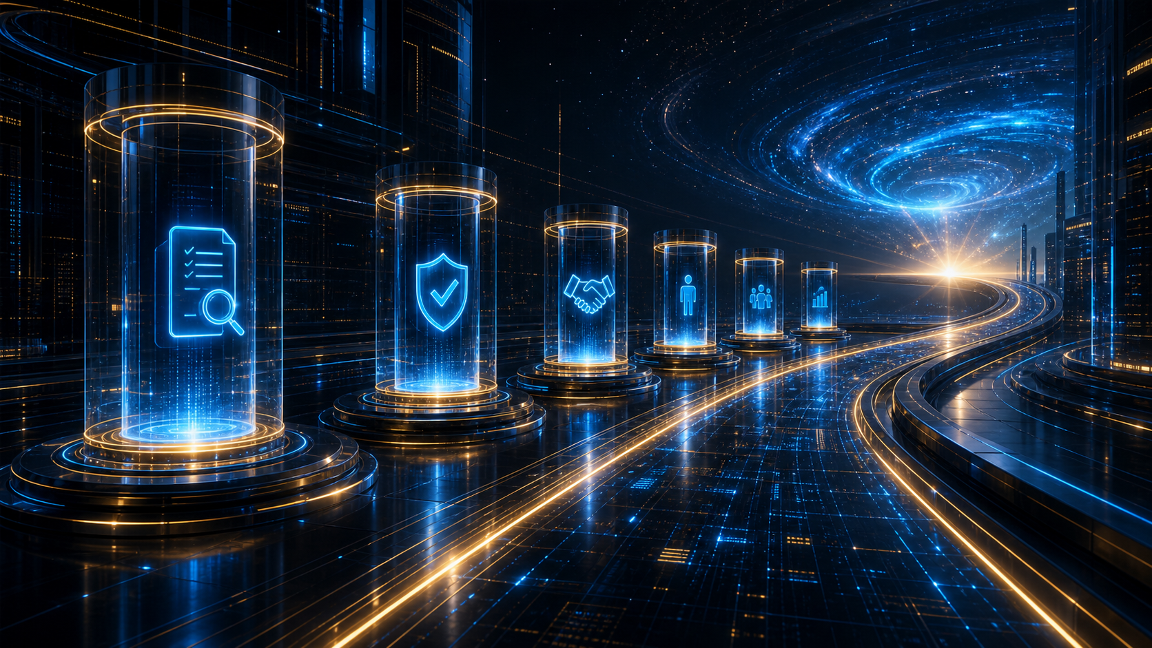 Futuristic onboarding corridor with glowing verification, trust, partnership, advisor, and growth stages