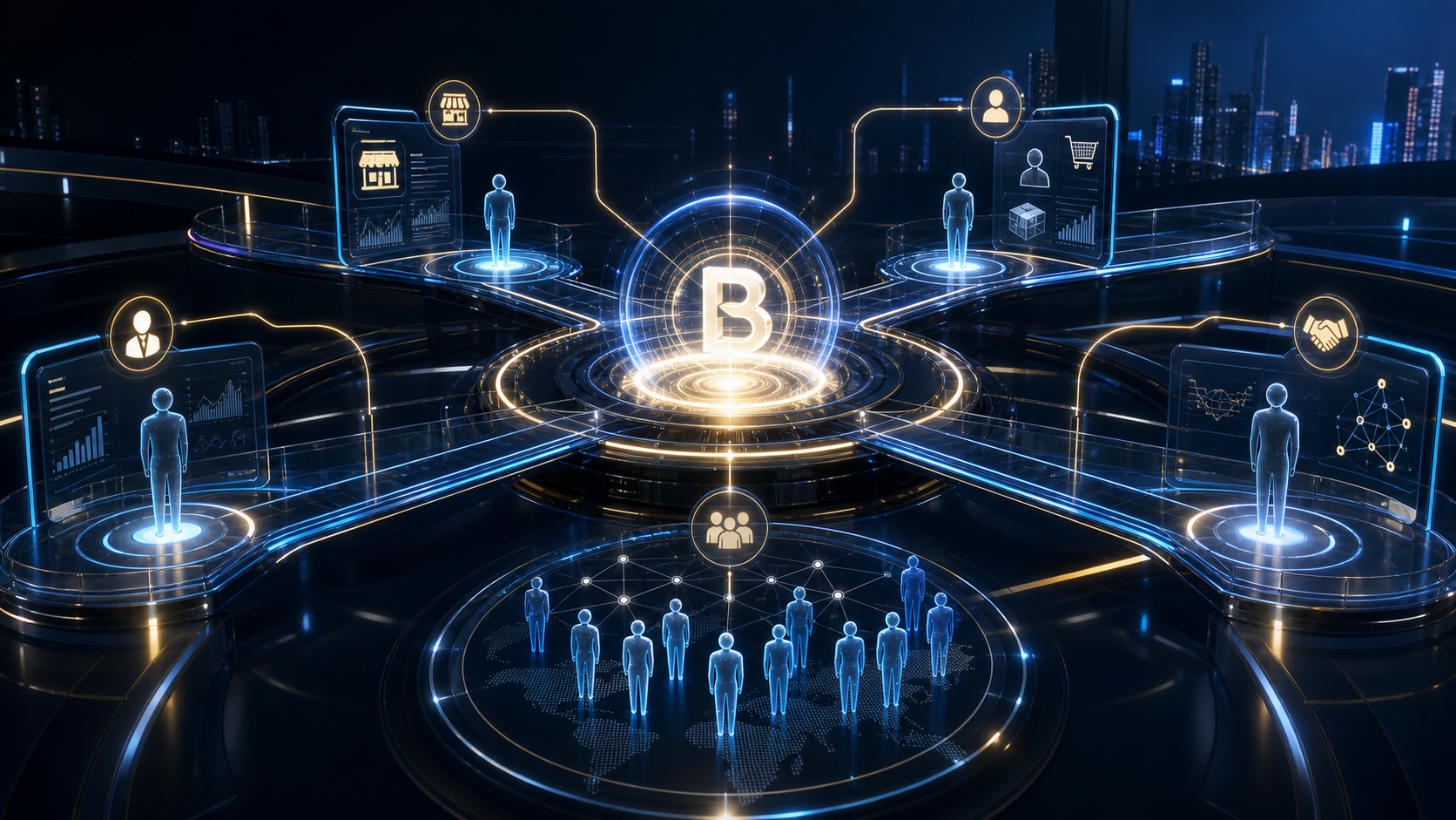 Futuristic BitBullers role hub connecting business owners customers brokers partners and community through one journey